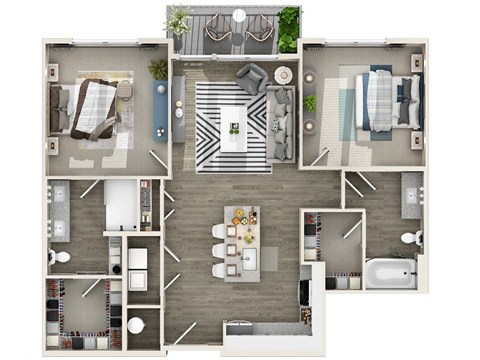 Floor plan for 2 beds, 2 baths, 1088 sqft